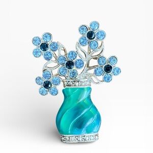 Elegant Blue Floral Crystal Vintage Vase Brooch